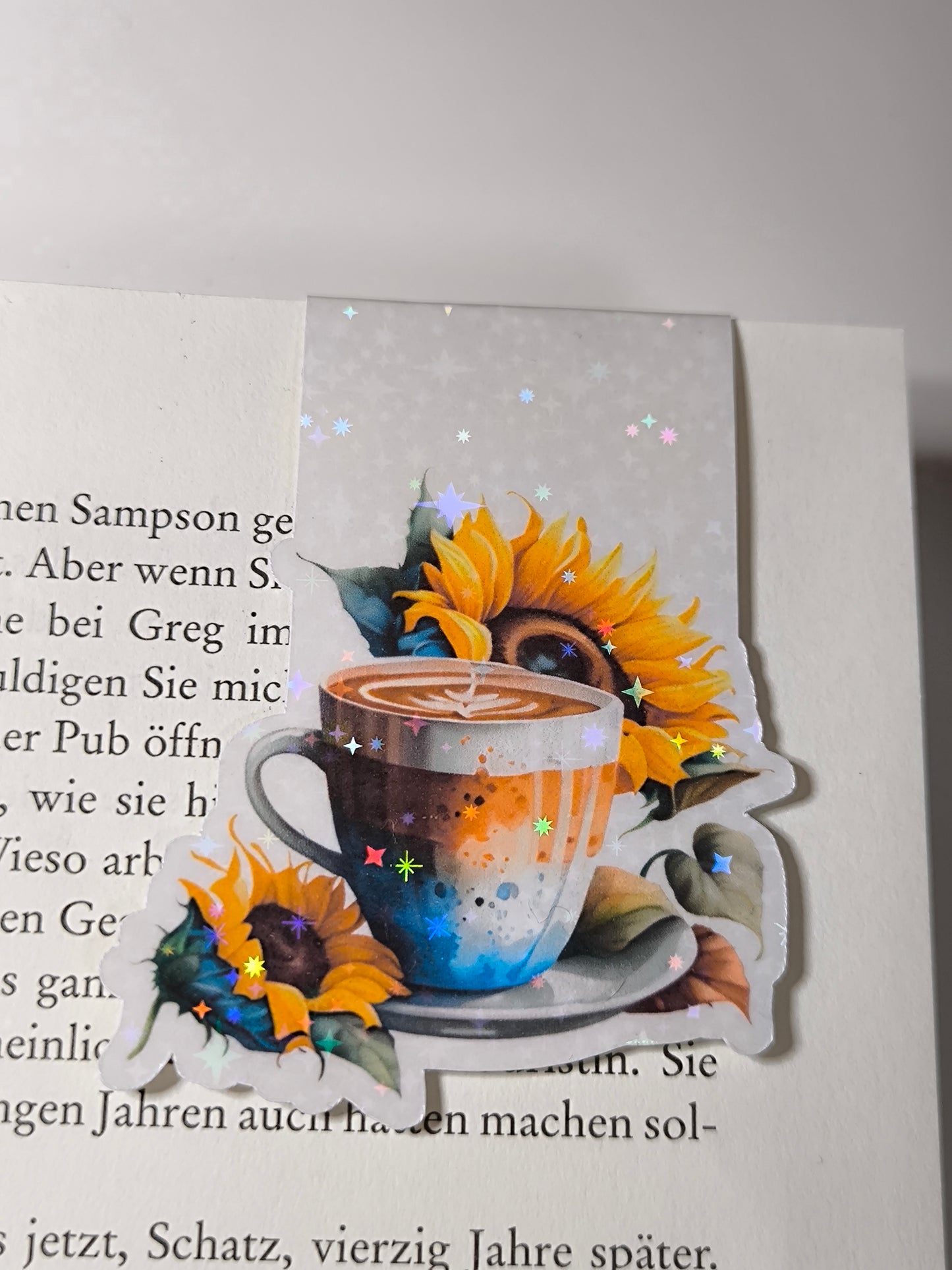 Lesezeichen Kaffee mit Sonnenblumen (Sternchen-Effekt)